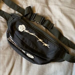 Petals and Peacocks Rose Black Fanny Pack